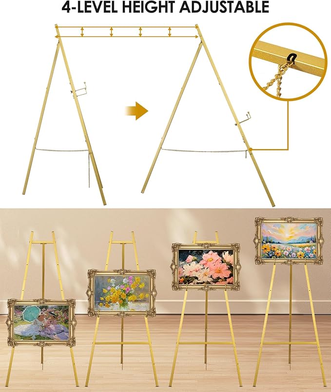 Gold Easel Stand for Wedding Signs with Adjustable Chain, Heavy Duty Metal Display Stand for Art, Welcome Signs, Posters, Pictures, Paintings,Posters & Commercial Display