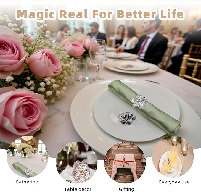 Flower Napkin Rings Set of 50, Plum Blossom Napkin Ring Silver Floral Holder for Wedding Season Banquet Party Décor Holiday Dinner Delicate Serviette Buckles Table Setting (Silver 50)