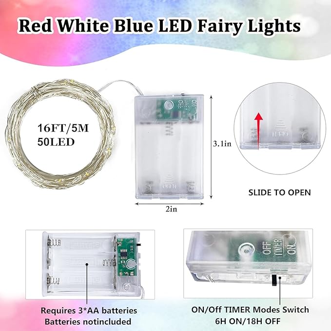 Christmas Fairy Lights Decorations, 4-Pack Red White and Blue Battery Operated Lights with Timer, Waterproof 16FT 50 LED String Light Indoor Outdoor for Xmas Tree Party Home Memorial Day DIY Decor