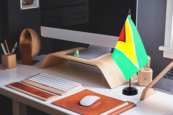WXTWK 2 Pack Guyana Flag Guyana Deluxe Desk Flag Set - Mini Small Guyanese Table Office Flags with Black 12" Solid Pole Stand Base Classroom Meeting Desktop Decorations
