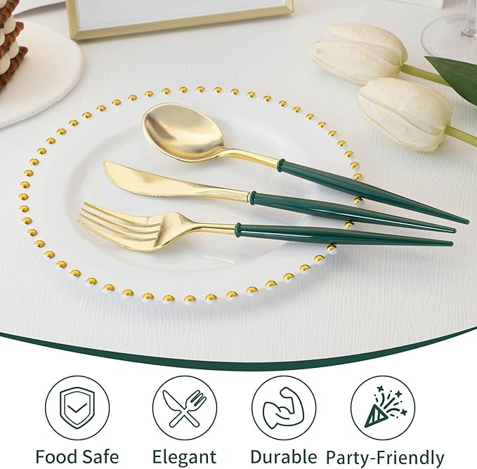 Lullaby 90PCS Gold Plastic Silverware - Utensils Plastic Disposable with Green Handles, Gold Plastic Cutlery with 30 Knives, 30 Forks, 30 Spoons, Ideal for Wedding, Party, Gathering, Daily Use