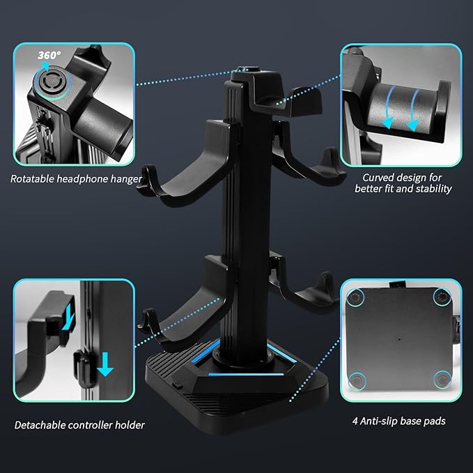 Universal Gaming Controller Stand Compatible with Xbox/PlayStation 5/PC | Headset Stand with 7-Color RGB Lighting Modes | 360° Rotatable Base & Detachable Hooks with Sturdy Anti-Slip Base
