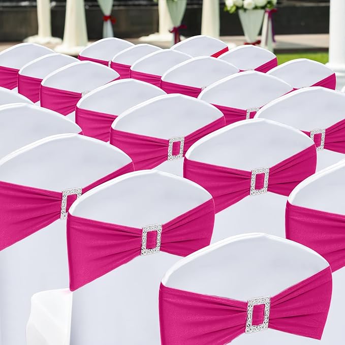 Joccun 120 PCS Spandex Chair Sashes Bows Stretch Chair Cover Band with Buckle Slider Universal Elastic Chair Ties for Wedding Banquet Party Event Decoration (Fuchsia)