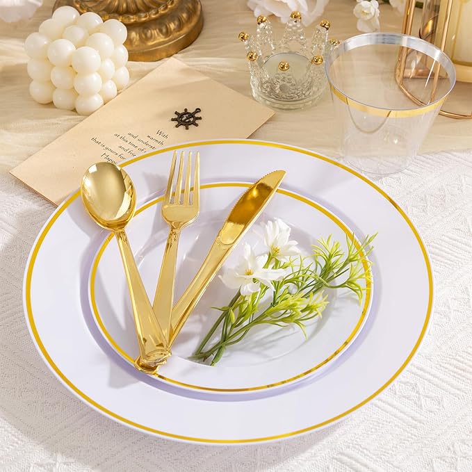 SUT 175 Pcs White and Gold Plastic Plates, Plastic Dinnerware Set for 25 Guests, Disposable Plates and Napkins Party Supplies, Gold Silverware, Plates, Cups and Napkins Sets for Party, Weddings