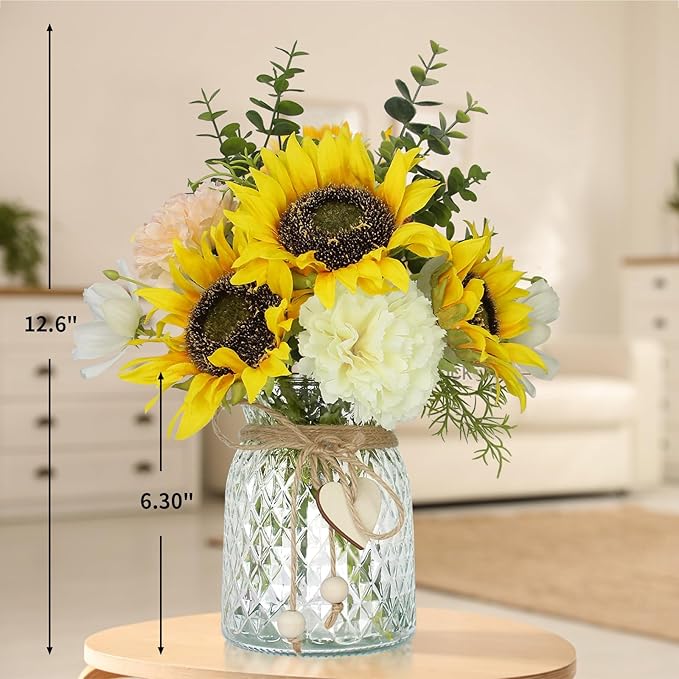 Artificial Sunflower Bouquets - Silk Fake Flowers with Vase, Centerpieces for Dining Room and Coffee Table Decor