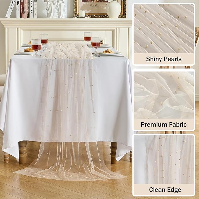 Fanami 1 Pack Pearl Table Runner -10FT Champagne Gold Boho Tulle Table Runners 120 Inches Long Rustic Sheer Lace Fabric Centerpieces for Wedding Arch Birthday Party Bridal Veil Baby Shower Decorations