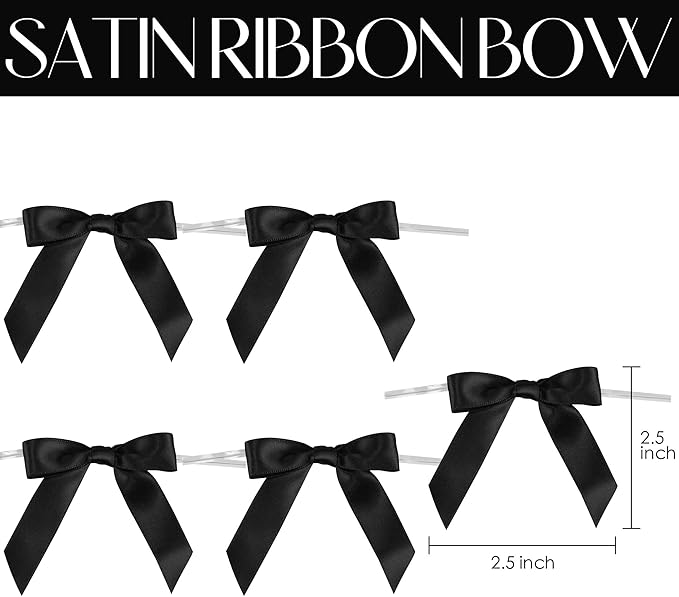 AIMUDI Black Bows 2.5" Satin Bows for Gift Wrapping Twist Tie Bows for Crafts Pre-Tied Black Satin Ribbon Bows Small Gift Bows for Treat Bags Party Favors Wedding Decorations - 50 Counts