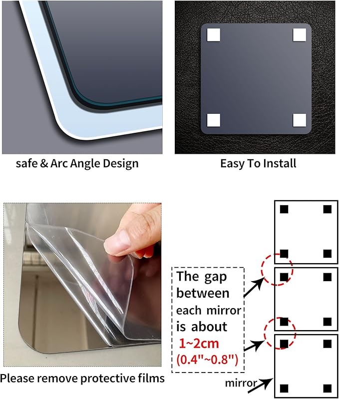 Unbreakable Acylic Small Mirror Tiles for Kids, (6-Pcs 8x8 Inch) Plastic Mirrors for Wall, Stick on Mirrors for Small Decorative Mirror, Shatterproof Peel and Stick on Miroir Tiles for Wall Decor