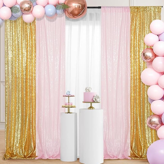 4 Panels Gold&Pink Sequin Backdrop Curtain 2FTx8FT Glitter Sequin Backdrop Curtains for Birthday Party Wedding Decoration