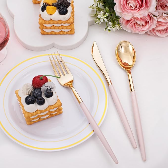 I00000 60 Pack Pink Plastic Silverware,Gold Disposable Flatware with Pink Handle, Gold Plastic Cutlery Set Includes: 20 Forks, 20 Knives and 20 Spoons, Tableware Set for Party and Wedding