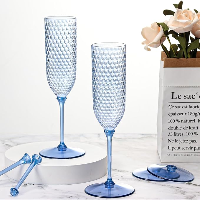 XUWAIDSGN 100 Pack Blue Detachable 2 piece Champagne Flutes 5.5 Oz Unbreakable Plastic Mimosa Disposable Champagne Glasses Drinking Cups Stemmed Reusable Wine Toasting Glasses for Wedding