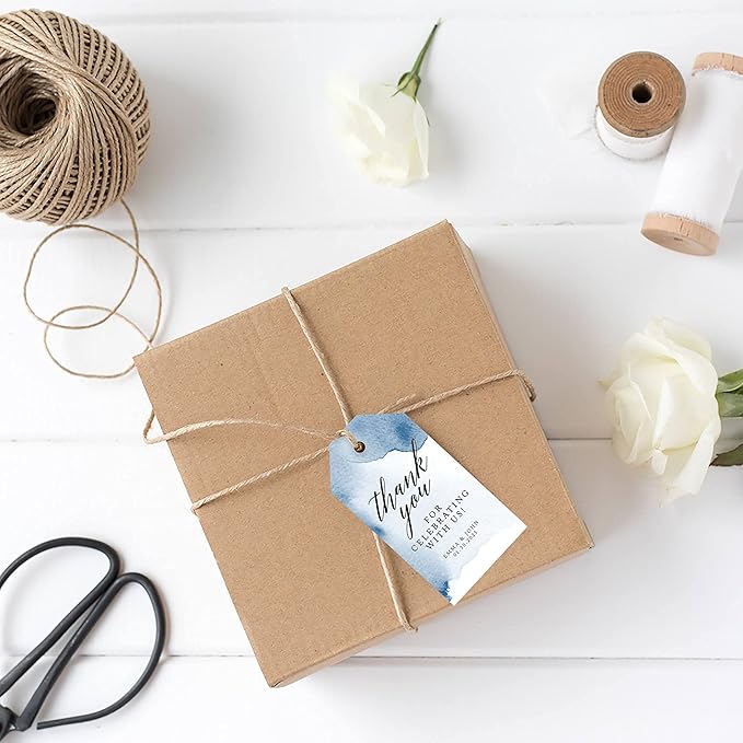 Andaz Press 100-Pack Personalized Thank You for Celebrating with Us Wedding Favor Tags with Bakers Twine Navy Blue Watercolor Custom Cardstock Wedding Gift Tags for Party Favors 2 x 3.75-Inches