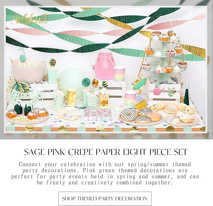 AOBKIAT Wedding Decor Sage Pink Gold Crepe Paper 8 pcs Streamers Party Decorations for Wedding,Rustic Bachelorette,Birthday,Bridal/Baby Shower,Anniversary Party Backdrop Decoration