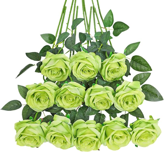 Tifuly Green Roses Artificial Flowers -12Pcs Realistic Single Long Stem Fake Silk Roses Bouquet for Party Home Wedding Centerpiece Hotel Office Decor