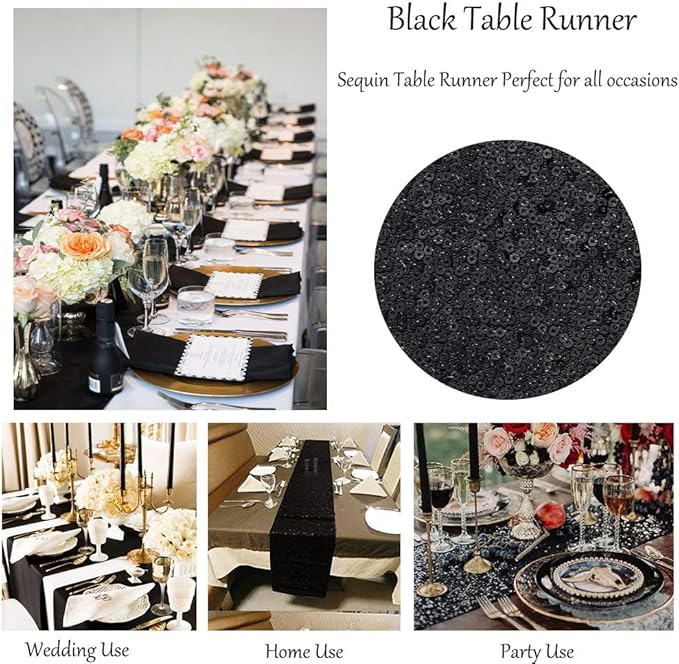 Sequin Table Runners 5 Pieces Black Table Runners 12x72 Inch Glitter Dining Table Cover for Party Wedding Birthday Reception Banquet Decoration Spring Party Chair Sashes
