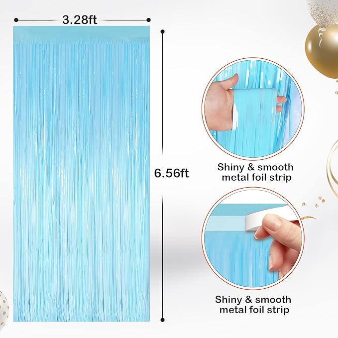 2 Pack Macaron Light Blue Metallic Tinsel Foil Fringe Curtains, Door Streamers Photo Booth Backdrop for Birthday Party, Tinsel Curtain Backdrop for Baby Shower Bachelorette Christmas Party Decorations