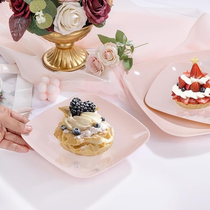 PULOTE 60PCS Pink Square Plastic Plates Disposable - Premium Quality Pink Set Include 30 Dinner / 30 Dessert Plates for Party,Wedding & Mother’s Day