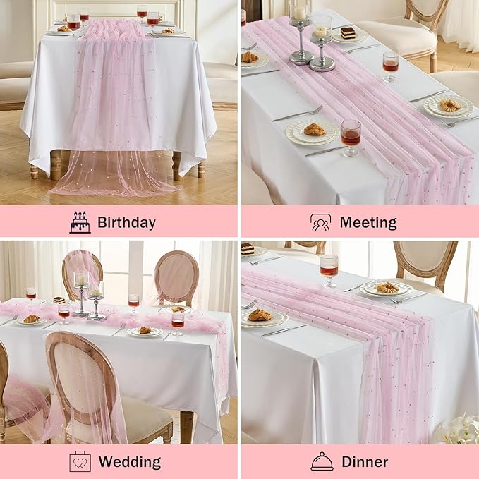 Fanami 1 Pack Pearl Table Runner -10FT Blush Pink Boho Tulle Table Runners 120 Inches Long Rustic Sheer Lace Fabric Centerpieces for Wedding Arch Birthday Party Bridal Veil Baby Shower Decorations