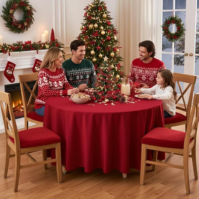 sancua Round Tablecloth - 108 Inch - Water Resistant Spill Proof Washable Polyester Table Cloth Decorative Fabric Table Cover for Dining Tables, Buffet Parties and Camping, Red