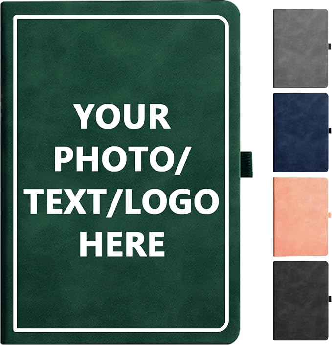 Personalized Notebook Custom Journal Notebook PU Leather A5 Can Customized with Logo/Text/Image- 192 Lined Pages 8.3 x 5.9 Inch, Pen Loop, Elastic Band, Green Hardcover