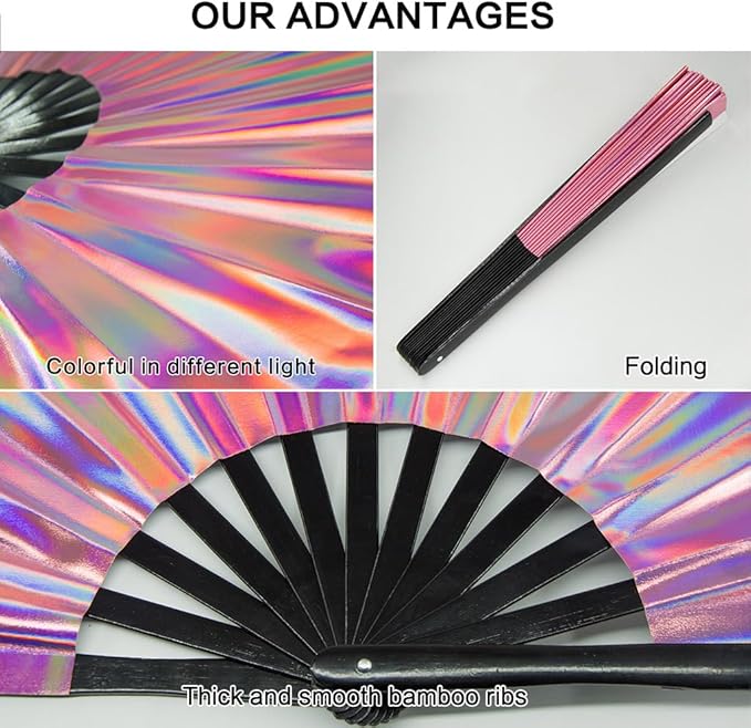 Large Rave Fan, Clack Folding Hand Fan with Premium Fabric, Thick Bamboo Frame for Men Women Gift for EDM, Festival, Club, Party, Dance, Decoration (Holographic Pink, 13")