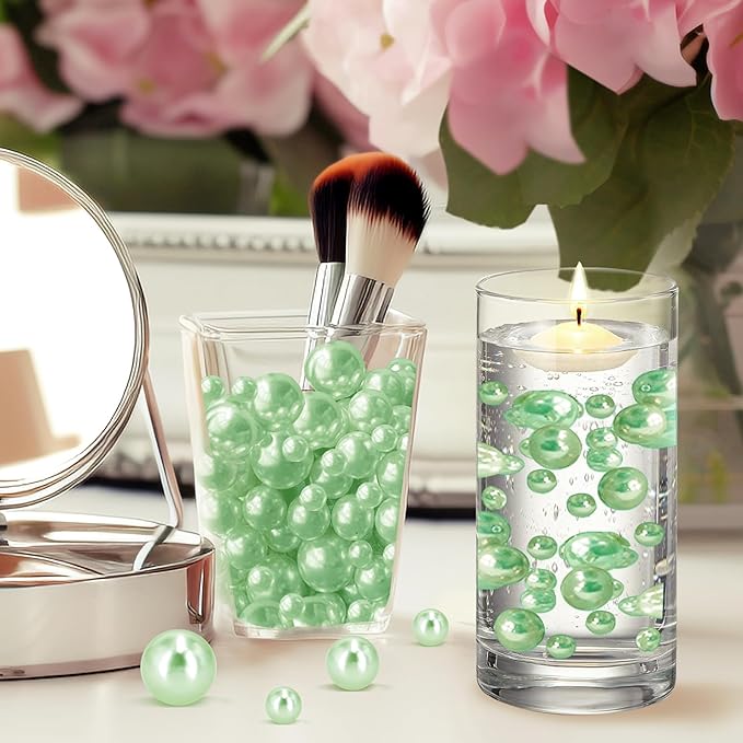 300Pcs Light Green Polished No Hole Faux Pearl Beads for Vase Filling Decorations, Plastic Pearls Vase Fillers, Table Scatters, Wedding Centerpiece, Home Decor, 8/14/20 mm
