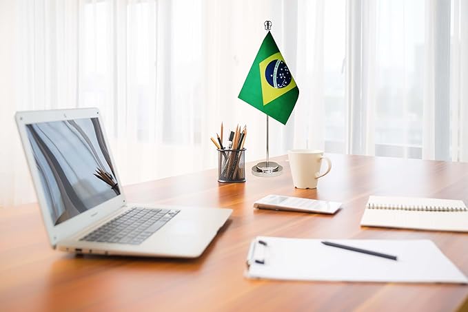 Brazil Brazilian Deluxe Desk Flag Set Small Mini Miniature Brazil Brazilian Table Desktop Flags,Festival Events Celebration,Office Decoration-2 Pack