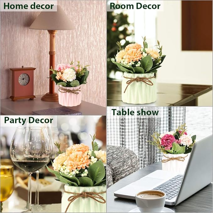 Artificial Hydrangea Bouquet with Small Ceramic Vase Fake Silk Variety Flower Balls Flowers Decoration for Table Home Party Office Wedding (Pink)