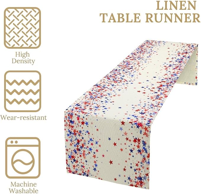 Independence Day Table Runner, 4th of July Red Blue Stars American President Day Holiday Confetti Print Table Cover for Kitchen Dining Table Indoor Outdoor Party, 13x120inch