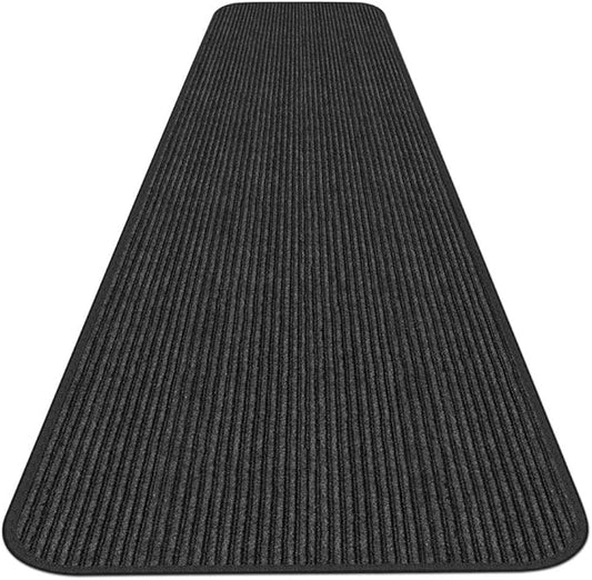House, Home and More Indoor Outdoor Double-Ribbed Carpet Runner with Skid-Resistant Rubber Backing - Smokey Black - 4 Feet x 15 Feet