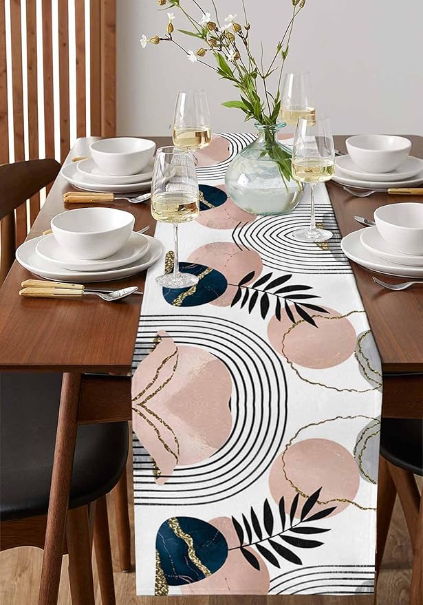 Modern Boho Cotton Linen Table Runner for Dining Kitchen, Wedding Outdoor Party Tablerunners Decoration, Abstract Bohemian Tropical Palm Leaf Dresser Scarf Coffee Tablecloth Runners 13x60 Inches