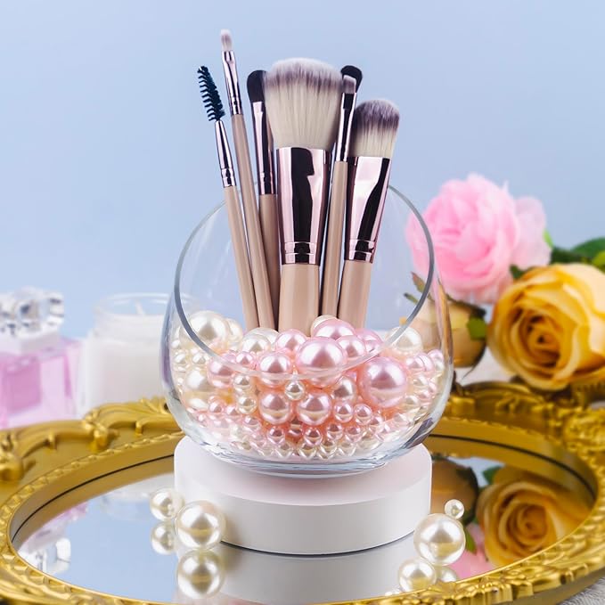 150Pcs Cream&Pink Polished No Hole Faux Pearl Beads for Vase Filling Decorations, Plastic Pearls Vase Fillers, Table Scatters, Wedding Centerpiece, Home Decor, 8/14/20 mm