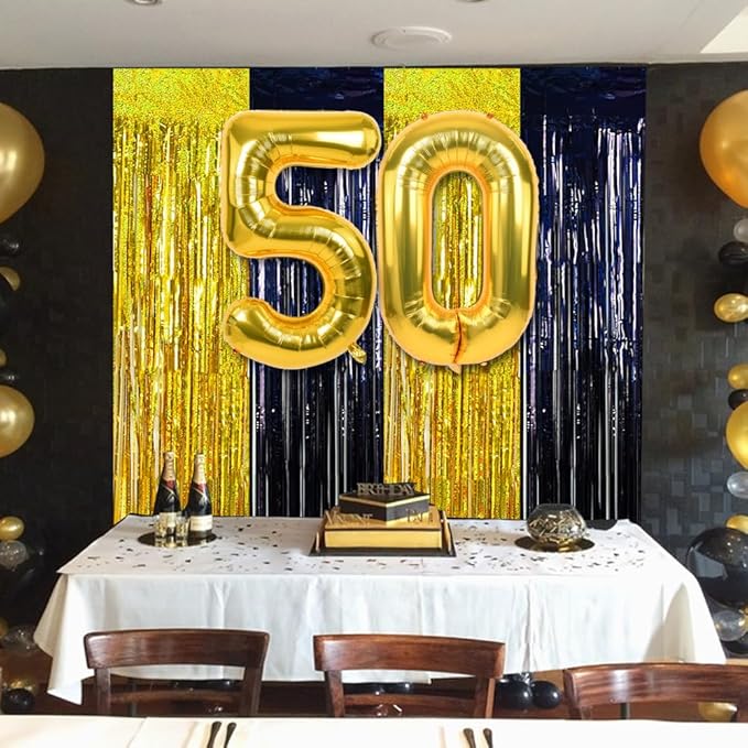 BEISHIDA 4 Pcs Black and Gold Party Streamers Fringe Foil Curtain Backdrop Tinsel Background Party Decoration for Door Wall Graduation Birthday Wedding Anniversary Christmas Party Decoration
