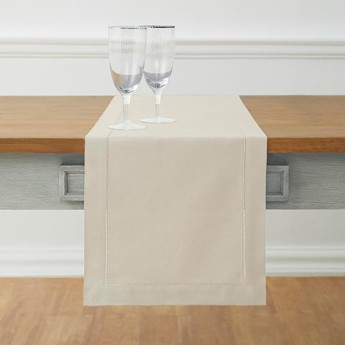 Solino Home Cotton Linen Table Runner 120 Inches Long - Hemstitch Linen Dining Table Runner 14 x 120 Inch for Fall, Autumn, Halloween, Thanksgiving