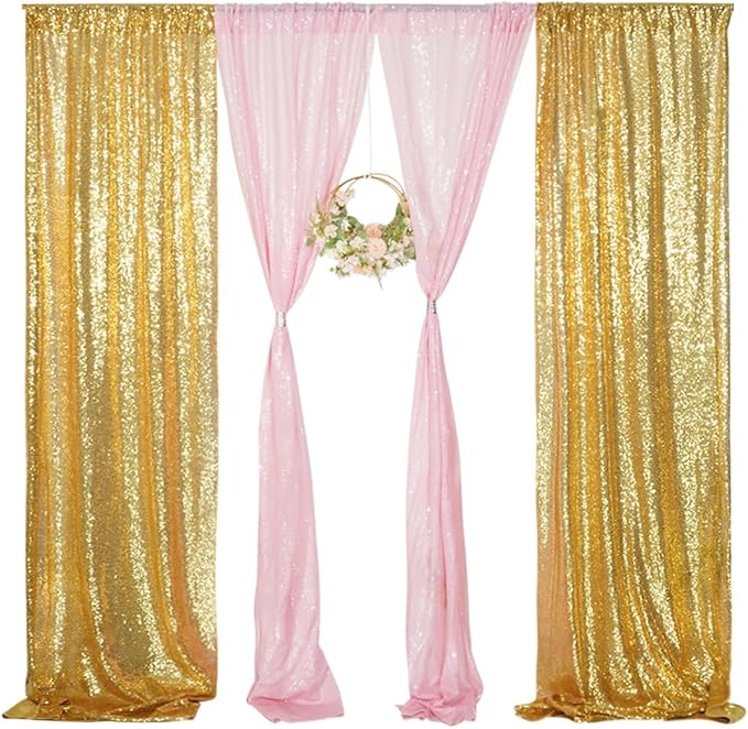 4 Panels Gold&Pink Sequin Backdrop Curtain 2FTx8FT Glitter Sequin Backdrop Curtains for Birthday Party Wedding Decoration