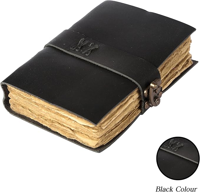 Vintage Leather Journal Handmade Buffalo Non-Refillable Deckle Edge Paper – Leather Bound Journal for Women, Men, C-Lock Closure Ideal for Writing & Travel for Artists (Black)