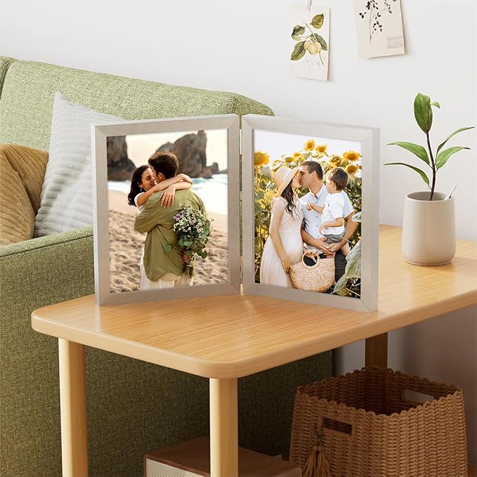decorUhome Double 8x10 Picture Frame Vertical, Engineered Wood Bifold Photo Frame with Plexiglass for Tabletop Display, 8x10, Silver