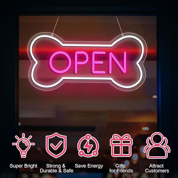 Led Neon Open Sign For Business, Dog Bone Neon Sign Art Pet Shop, Welcome Sign For Business Walls Window Bar Salon Art Hotel Wall Decor