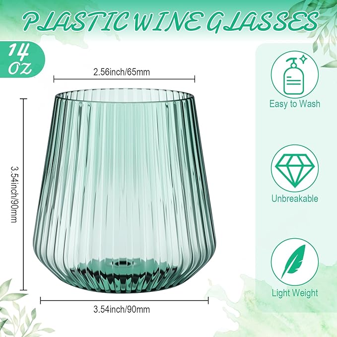 Suclain 50 Pcs Plastic Wine Glasses Ribbed Stemless Wine Glasses 14oz Vertical Design Unbreakable Cups for Outdoor Indoor Vintage Elegant Champagne Whiskey Cups for Party Wedding (Green)