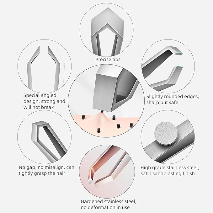 Beard Tweezers, White Hair Plucking Tweezers, Stainless Steel, Fine Hair Removal Tweezers, Eyebrows Shaping Tool, 5mm Tip, Cyan PU Case 1Pack, Silver, 1.0 Count, (BRTW-SSS-96WDQP)