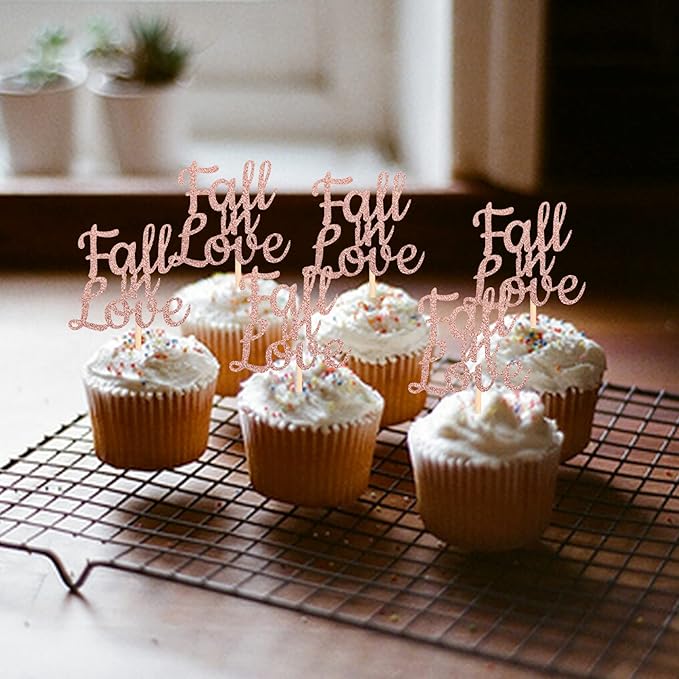 24 PCS Fall in Love Cupcake Toppers Glitter Bridal Shower Cake Picks Decorations for Wedding Engagement Anniversary Birthday Party Supplies Rose Gold