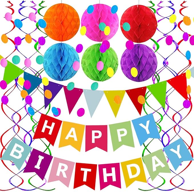 Happy Birthday Banner With Colorful Paper Flag Bunting Paper Circle Confetti Garland Swirl Streamers Honeycomb ball for Birthday Party Decorations