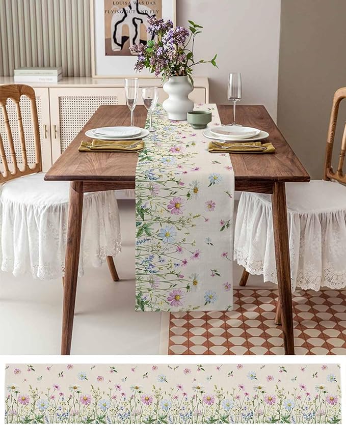 Vintage Wildflowers Cotton Linen Table Runner for Dining Kitchen, Wedding Outdoor Party Tablerunners Decoration, Farm Floral Pink Botanical Plants Dresser Scarf Coffee Tablecloth Runners 13x60 Inches