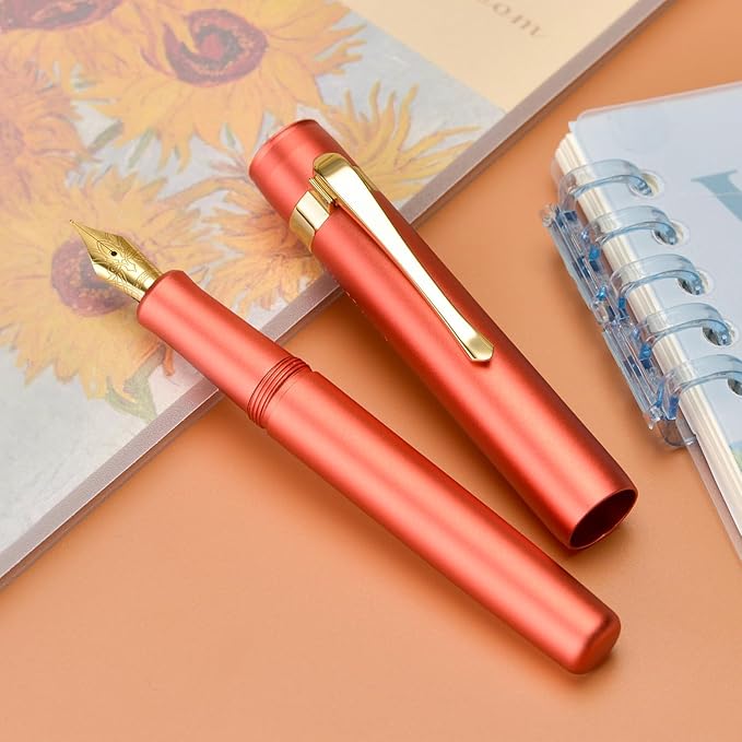 Hongdian M2 Mini Fountain Pen with Bent Nib, Sleek Shape Aluminium Short Pocket Travel Pen (Orange Red)
