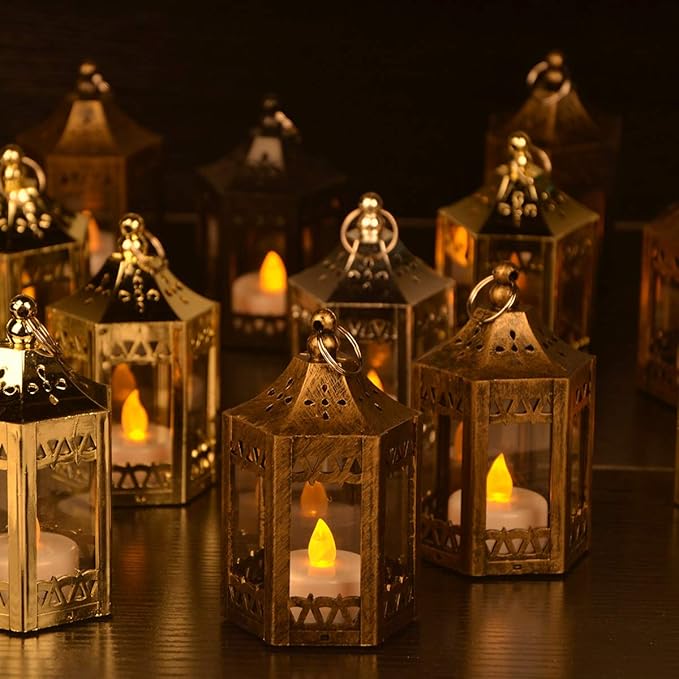 zkee Mini Star Lanterns with Flickering LED, Battery Included, Decorative Hanging Lanterns for Christmas & Indoor Use (Set of 8, Golden Brushed)