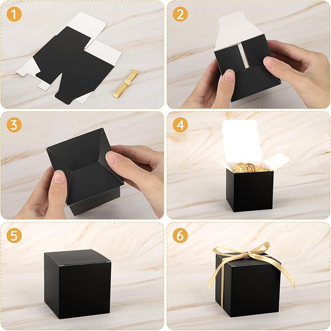 EUSOAR Candy Boxes Party Favors, 30pcs 3x3x3 Inches Black Gift Boxes Mini Bakery Cookies Box with Gold Ribbon, Square Paper Chocolate Containers for Wedding Birthday Bridal Party Favor Decoration