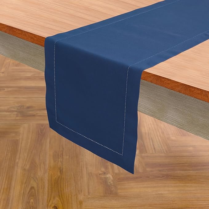 Solino Home Table Runner 90 Inches Long - Cotton Linen Hemstitch Lapis Blue Table Runner 14 x 90 Inch for Fall, Autumn