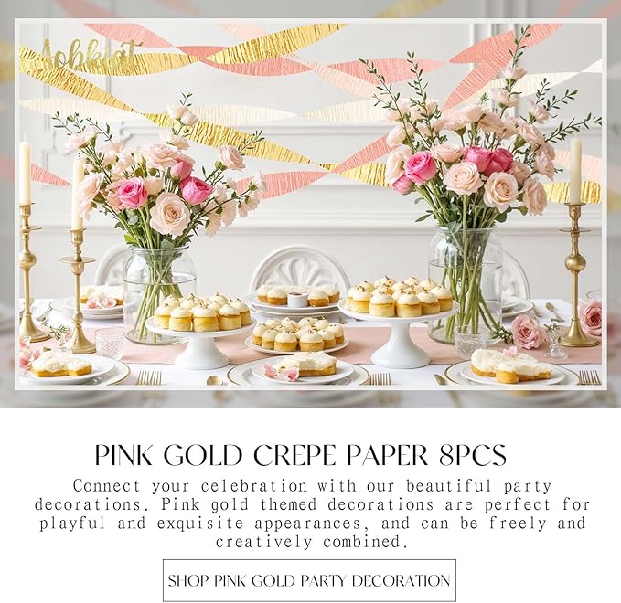 AOBKIAT Wedding Party Decorations, 8 Rolls Pink Gold Crepe Paper Streamers for Wedding, Bachelorette, Birthday, Baby Bridal Shower, Valentines Day Party Backdrop Decorations, 82ft Long