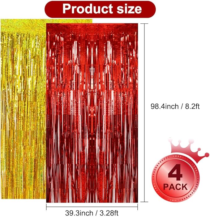 BEISHIDA 4 Pcs Red and Gold Party Streamers Fringe Foil Curtain Backdrop Tinsel Background Party Decoration for Chinese New Years Graduation Birthday Wedding Anniversary Christmas Party Decoration