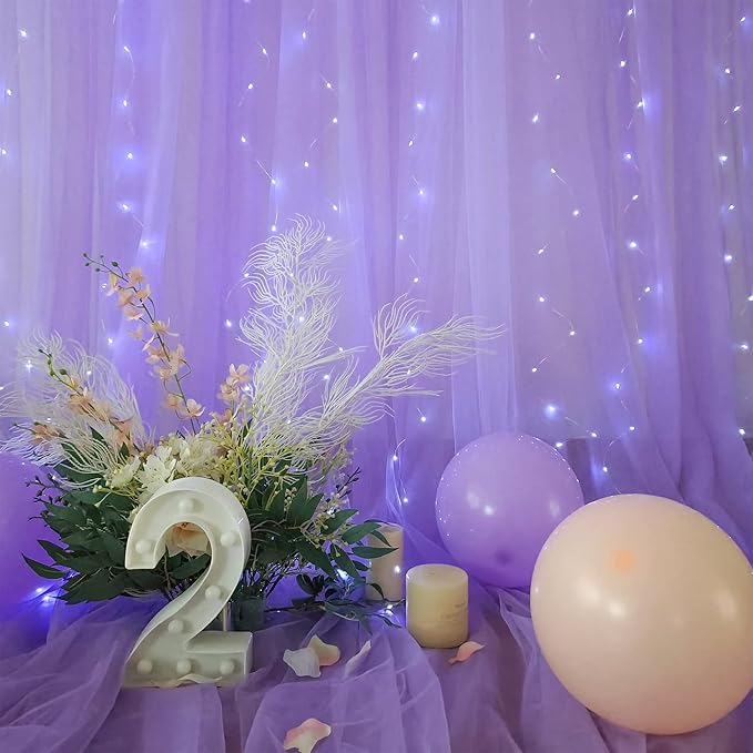 Lavender Tulle Backdrop Curtain with Lights String for Wedding Baby Shower 20×10ft Lavender Sheer Backdrop Curtain for Bridal Shower Birthday Party Photoshoot Background Decorations(4 Panels 5×10ft)